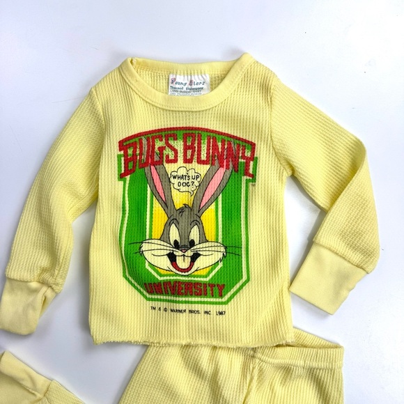 Vintage 80s Warner Bros Bugs Bunny Yellow Thermal Baby Pajama Set Sz 12M Retro - Picture 2 of 11